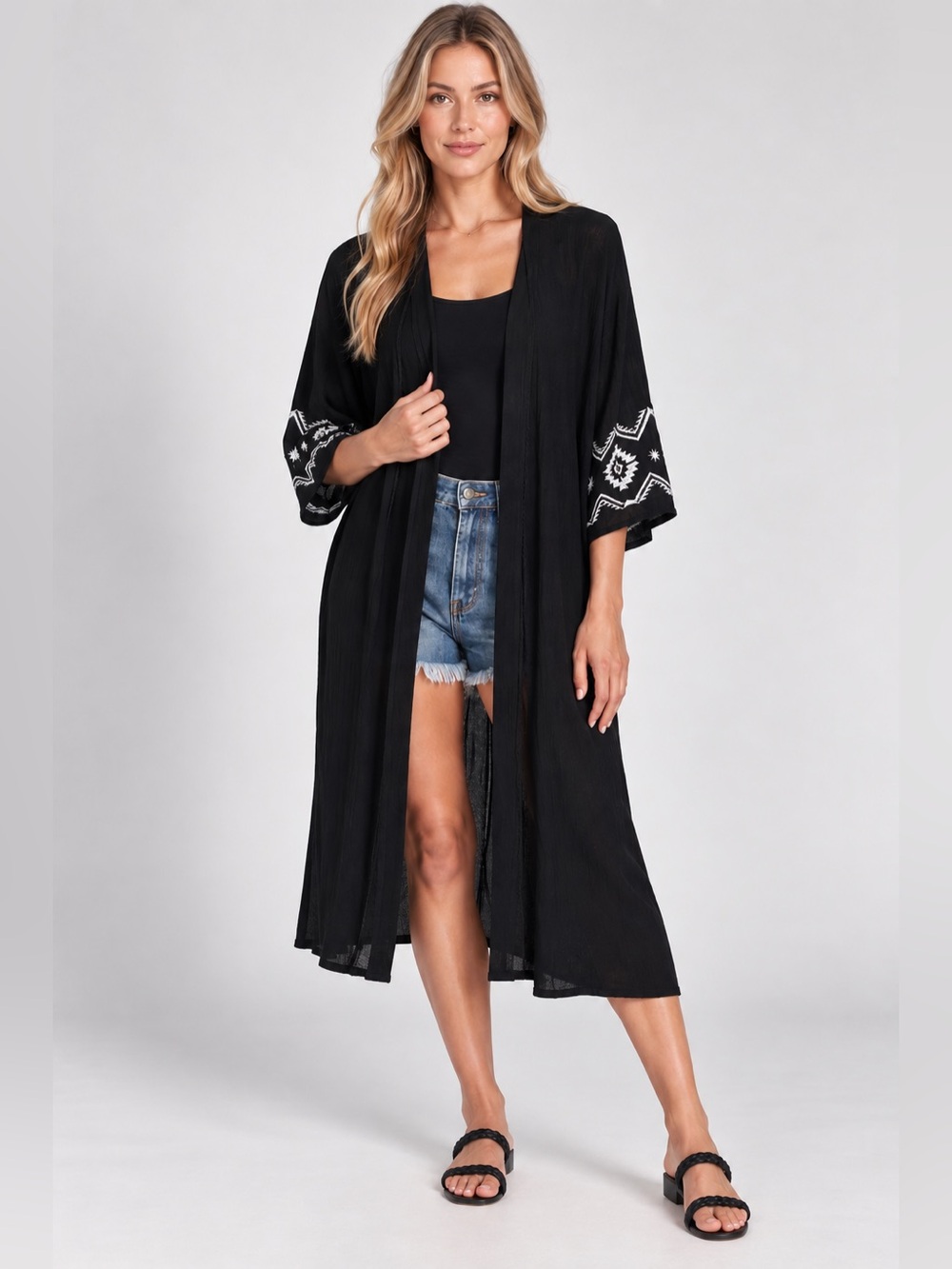 Black Embroidered Kimono Cardigan Women M Boho Festival Duster Rayon Tassel Open